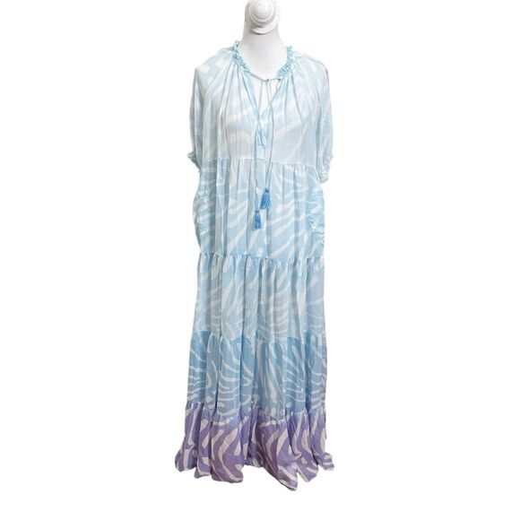 Oliphant Zebra Print Ruffle Maxi Dress Women’s Size Small Blue Ombré Tiered - Picture 2 of 12